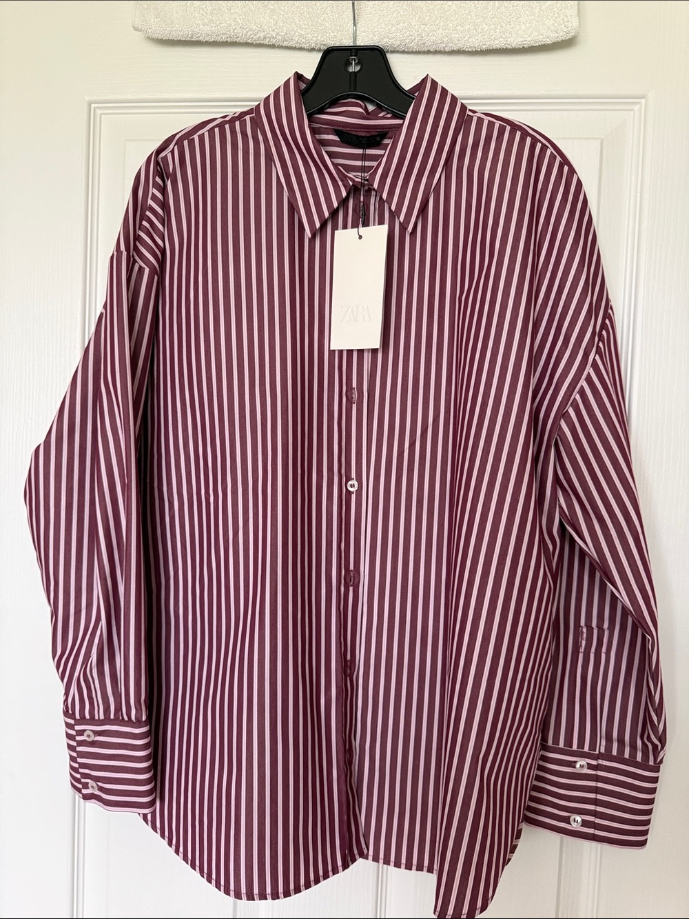 Zara Striped Poplin Shirt Burgundy Pink Oversized Large NWT